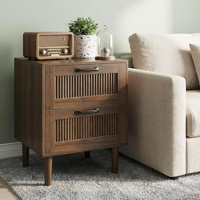 Kiasthome Wood Nightstand with 2 Drawers - Stylish Bedside Table for Bedroom, Functional End Table with Textured Front