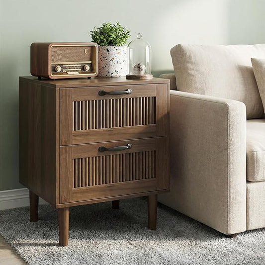 Kiasthome Wood Nightstand with 2 Drawers - Stylish Bedside Table for Bedroom, Functional End Table with Textured Front