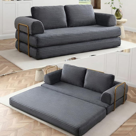 HANXIN 80 Inch Convertible Sleeper Sofa Bed, High Back Plush Corduroy Folding Floor Mattress Couch with Fixed-Shape Frame, Boneless Futon Loveseat with Pull Out Bed, No Assembly Required (Grey)