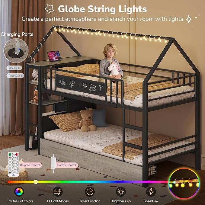 Twin Bunk Bed for Kids with 6 Storage Drawers, Montessori Bookshelf, House Shaped Bed with Globe String Lights and USB Ports, Metal Low Bunk Bed Twin Over Twin with Safety Guardrail and Ladder, Black