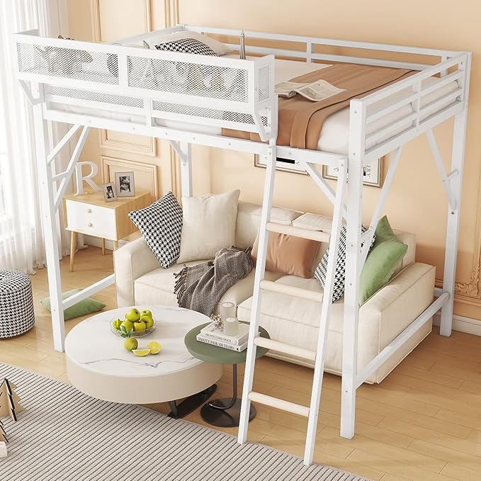 KEIKI Queen Size Metal Loft Bed Frame with Ladder and Built-in Storage Shelves, for Teens, Modern Style Loft Bed with Solid Slats, Guardrail, No Box Spring Required, Easy Assembly, for Bedroom, White