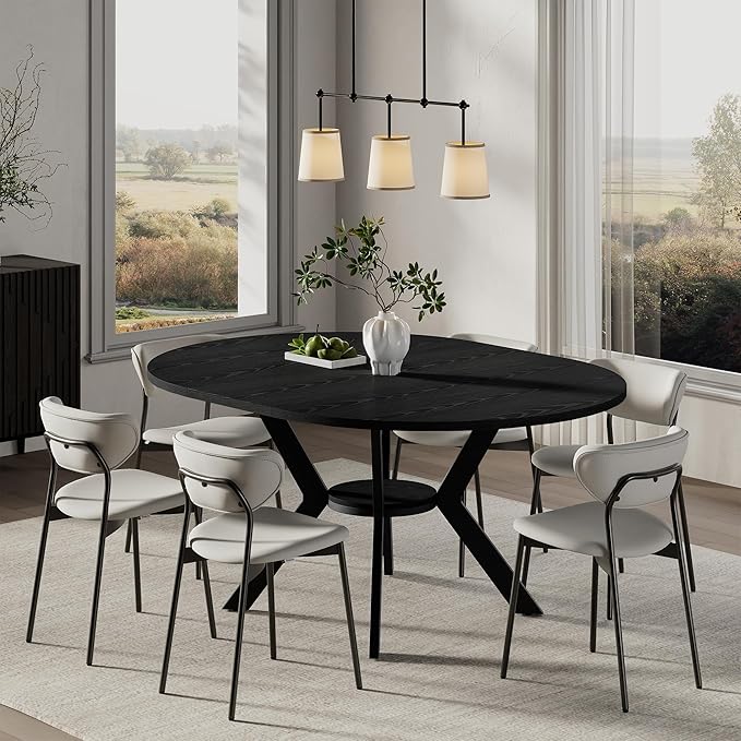 42"-58" Extendable Round Dining Table with Built-in Flip Leaf, Modern Oval Kitchen Table for 4-6, Space-Saving Small Room Furniture with Storage Shelf and X-Shaped Metal Base for Kitchen, Dining Room