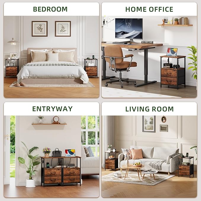 Somdot Nightstands Set of 2,End Tables with Charging Station and LED Lights,Night Stand with 2 Fabric Drawers, Bedside Table for Dorm Guest Room Bedside Kids Entryway Hallway, Wood Grain Print