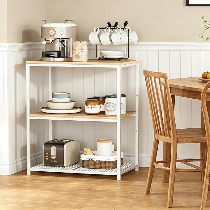 Homleke Kitchen Island with 3 Shelves, Kitchen Shelf with Large Workstation, Bakers Rack, Workbench, Metal Frame, White and Natural