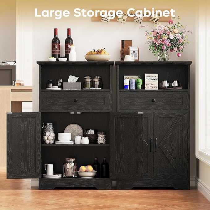 Floor Cabinet, Farmhouse Storage Cabinet with Barn Doors and Drawer, Freestanding Adjustable Shelf Organizer for Bathroom, Kitchen, Living Room Black