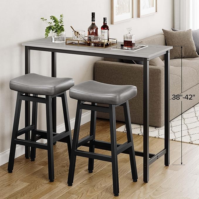 Raynesys 29 Inches Bar Stools Set of 2, Bar Height Barstools for Home Counter, Blackless Barstool with Bonded Leather Saddle Seats & Heavy Duty Metal Legs, Easy Assembly, Gray/Black