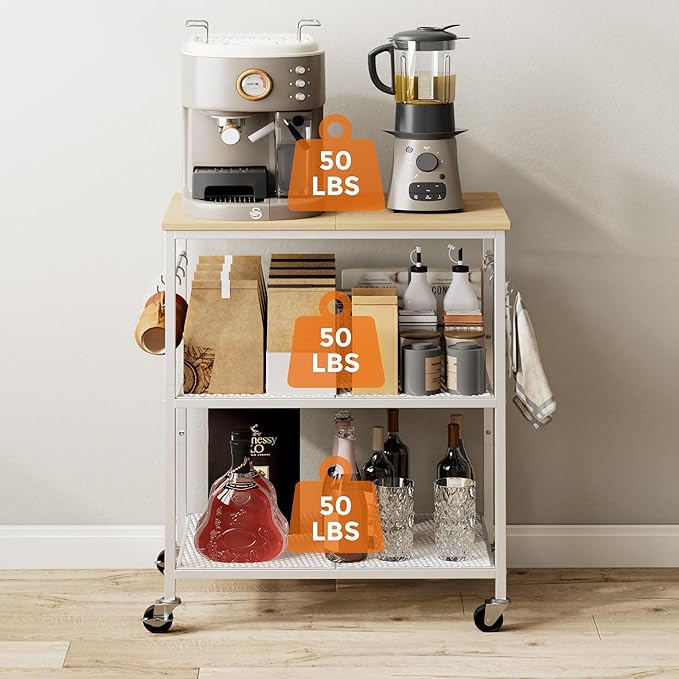 Homleke 3-Tier Rolling Kitchen Microwave Cart, Kitchen Utility Cart on Lockable Wheels, Coffee Bar Table Station with 6 S-Shaped Hooks, Small Appliance Storage Shelf, White and Natural