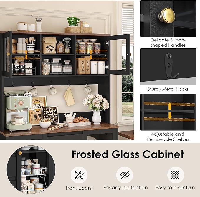HIFIT 71" Tall Coffee Bar Cabinet with Storage and Large Countertop, Kitchen Hutch with 4 Drawers & 5 Metal Hooks & 4 Doors & Microwave Stand, Black Kitchen Pantry Cabinet for Dining Room