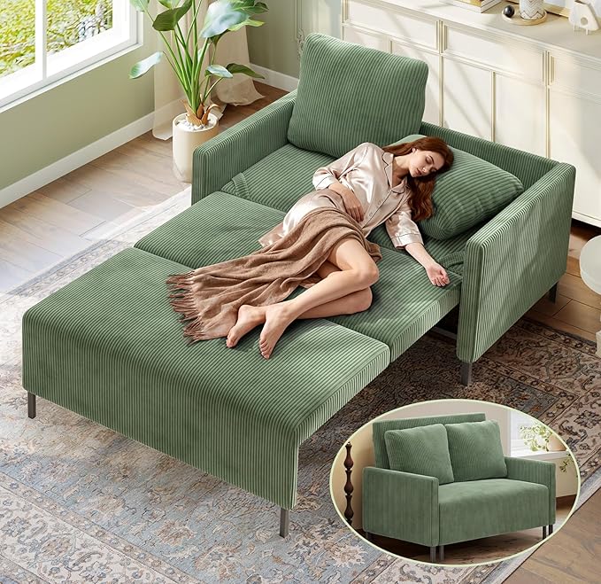 Welzona 47.2" Convertible Sofa Bed Couch, Comfy Corduroy Loveseat Sleeper Sofa, 620lbs Capacity Couch Bed, Easy Setup Love Seat Sleeper Bed 2 Pillows, Small Couches for Living Room/Office, Olive Green