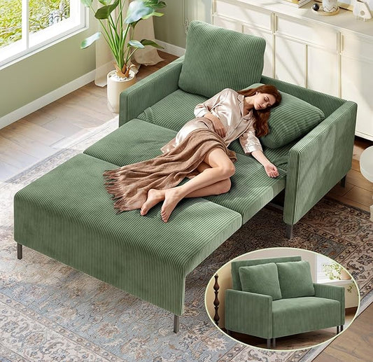 Welzona 47.2" Convertible Sofa Bed Couch, Comfy Corduroy Loveseat Sleeper Sofa, 620lbs Capacity Couch Bed, Easy Setup Love Seat Sleeper Bed 2 Pillows, Small Couches for Living Room/Office, Olive Green