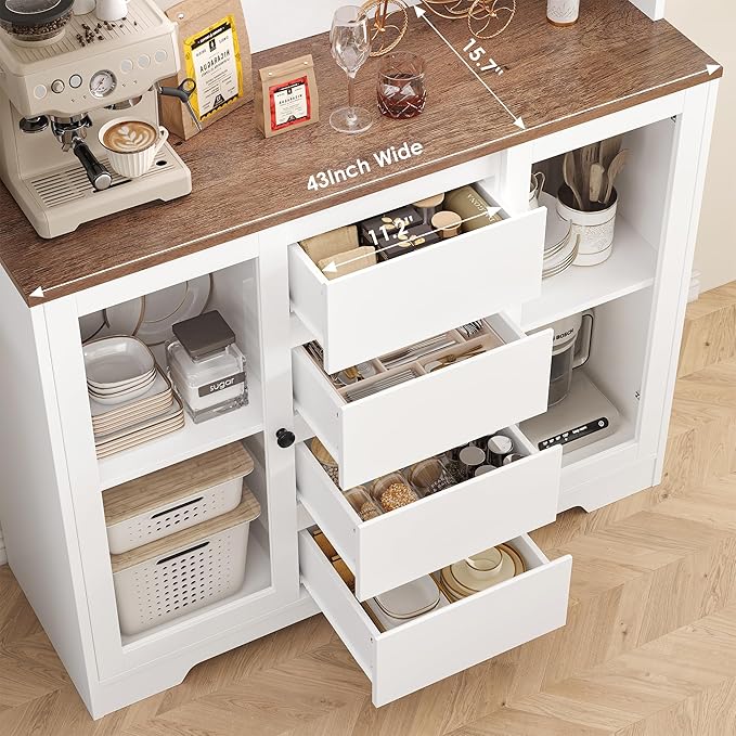 HIFIT 71" Tall Coffee Bar Cabinet with Storage and Large Countertop, Kitchen Hutch with 4 Drawers & 5 Metal Hooks & 4 Doors & Microwave Stand, White Kitchen Pantry Cabinet for Dining Room