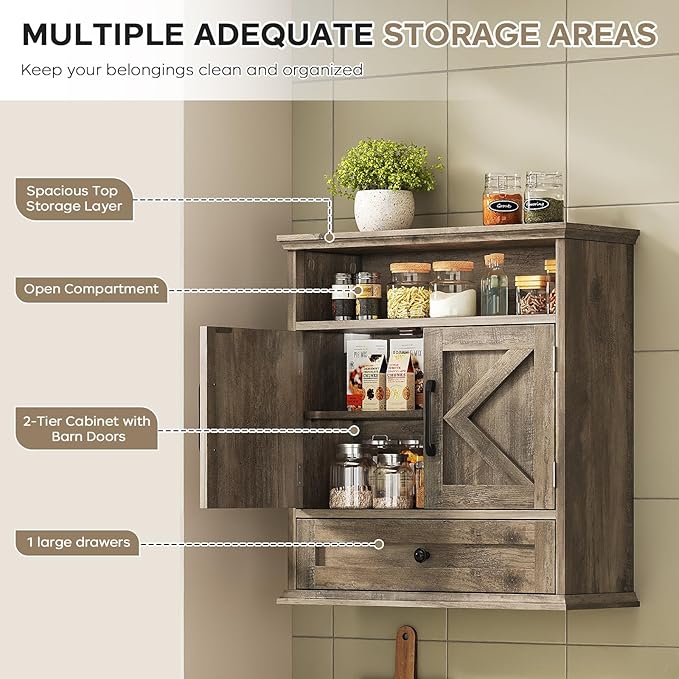 Bathroom Wall Cabinet, Wall Mounted Medicine Cabinet with Drawer, Barn Door & Adjustable Shelf, 24.4"H x 23.6"W x 9"D Grey Over Toilet Farmhouse Storage Cabinet for Kitchen, Laundry, Entryway