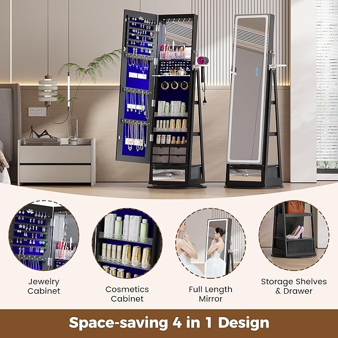 HWB Jewelry Storage Cabinet with LED Full-Length Mirror, 360° Swivel Standing Jewelry Organizers with Shelves & Drawer Storage, Jewelry Armoire with Remote Control Lights, Black