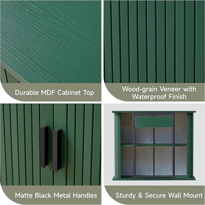 weselon Fluted Wall Mounted Bathroom Cabinet with Sliding Doors, Medicine Cabinet Storage for Over the Toilet, Space Saver Organizer for Small Bathroom Laundry Kitchen (Green)