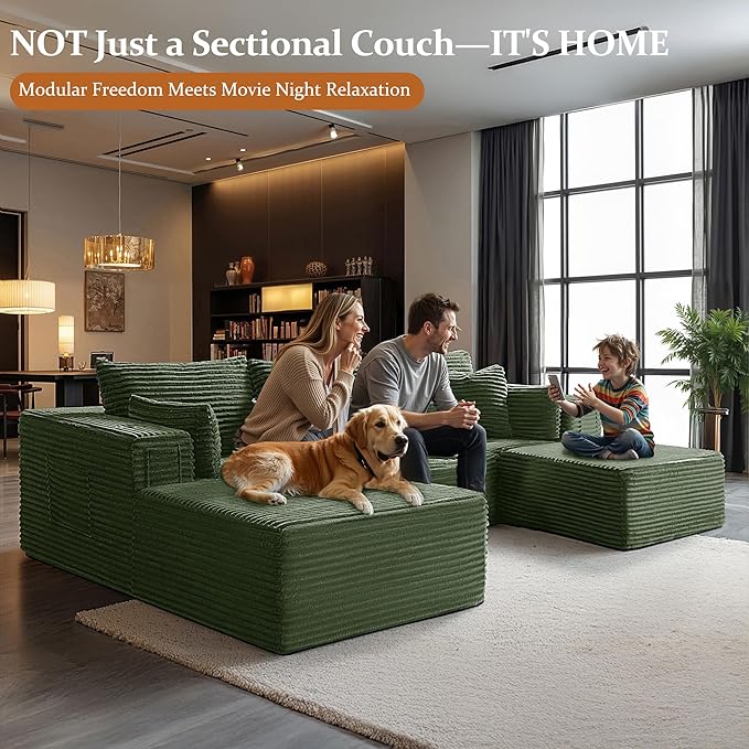 Oversized 108" Cloud Sectional Couch, Comfort U Shaped Boneless Couch for Living Room, Extra Deep Seats No Assembly, Modular Sofa, Corduroy (Olive Green, 2 Seater+Left Facing Chaise+Ottoman)