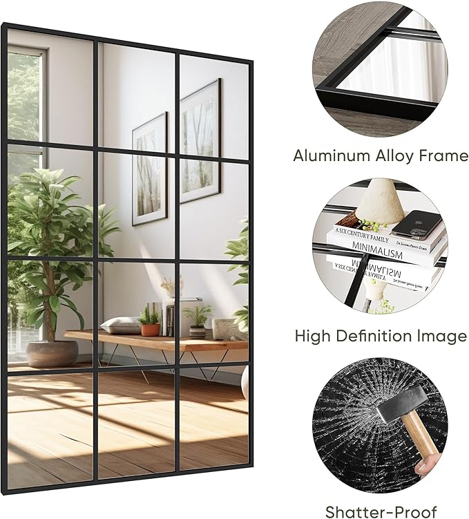 Suidia Wall Mirror, 30" x 48" Window Decorative Mirrors, Metal Framed Wall Decor Wall-Mounted Mirrors for Bedroom, Living Room, Entryway, Black