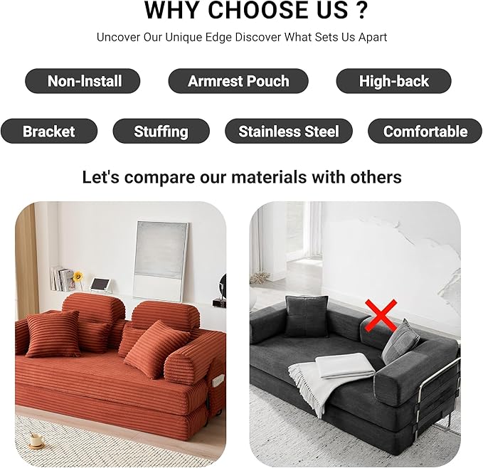 78.8" Convertible Sofa Bed with High Backrest Headrest, 5-in-1 Corduroy Boneless Couch with Side Pocket, Sleeper Loveseat Couch Bed Sectional Couches for Living Room, No Assembly, Orange