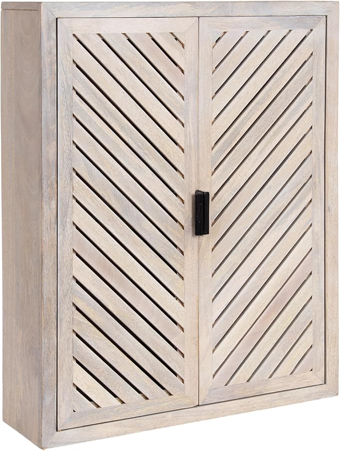 Kate and Laurel Mezzeta Decorative Coastal Two-Door Floating Bathroom Cabinet, 22 x 7 x 28, Whitewash, Decorative Over Toilet Storage Cabinet Made from Solid Mango Wood with Slatted Chevron Design