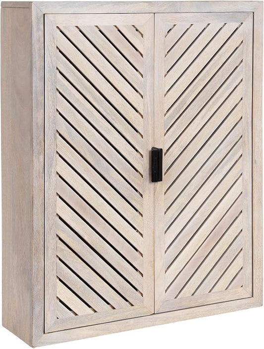 Kate and Laurel Mezzeta Decorative Coastal Two-Door Floating Bathroom Cabinet, 22 x 7 x 28, Whitewash, Decorative Over Toilet Storage Cabinet Made from Solid Mango Wood with Slatted Chevron Design