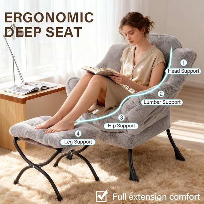 Welnow Lazy Chair with Ottoman, Modern Accent Chair with Armrests and a Side Pocket, Leisure Sofa Armchair, Reading Armchair with Footrest for Small Space, Plush Grey