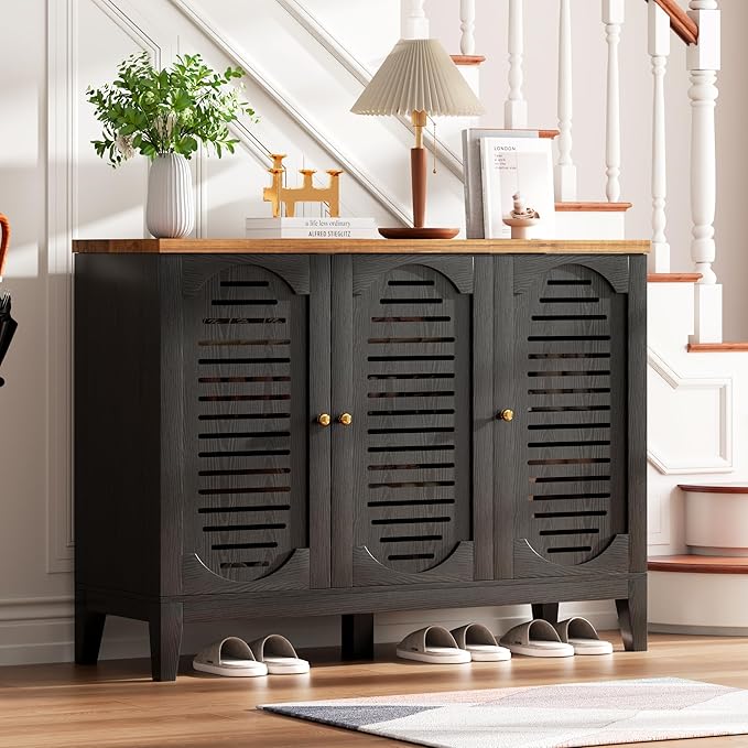 Vlsrka Shoe Cabinet with 3 Doors, Narrow Wooden Shoe Cabinet, Hidden Shoe Storage for Entryway, Foyer, Hallway (Black C)