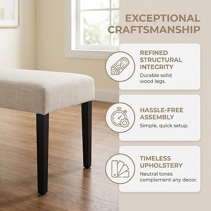 HNY Farmhouse Upholstered Dining Bench Seat Set of 2, 45" Linen Fabric Entryway Bench with Black Wood Legs, Mid Century Modern End of Bed Bench for Kitchen Bedroom Living Room Hallway, Beige