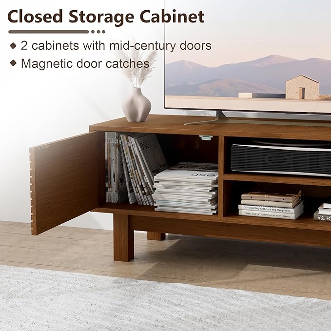 YOSHOOT Mid Century TV Stand for 55 inch TVs, Modern Entertainment Center with Storage Cabinets, Solid Wood Media Console with Open Shelves for Living Room & Bedroom, Walnut