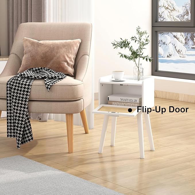 LAATOOREE Nightstand Set of 2, Small White Bedside Table, End Table with Rattan Door, Boho Side Table with Solid Wood Legs for Bedroom Living Room Small Space