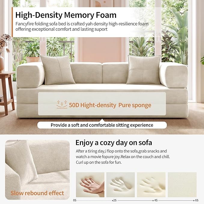 78.8" Convertible Sofa Bed with Armrest Pillow, 4-in-1 Sleeper Couch Bed for Livingroom, Modular Corduroy Boneless couches, No Assembly (Beige)