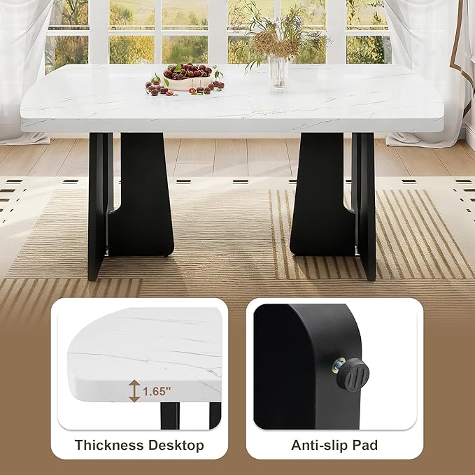 Merax 6-Piece Dining Table Set for 6, Modern Faux Marble Oval Kitchen Tabletop with Four Upholstered Chairs and One Bench for Dining, Living Room, Kitchen, Easy Assembly, White+ Beige