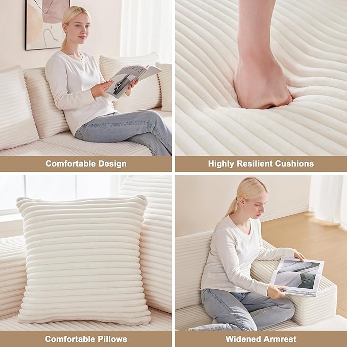 Mangodan 110” Cloud Sectional Couch, Boneless Sofa for Living Room, Modular Sectional Sofa with Deep Seat, Comfy Fluffy U-Shaped Couch with Right-Facing Chaise, No Assembly Required, Beige