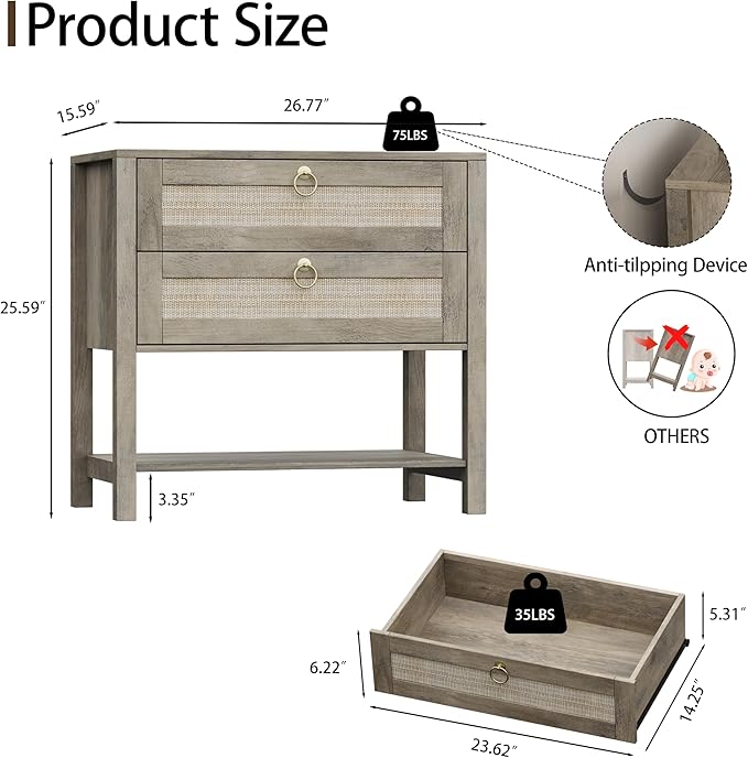 Xixini Nightstand Set of 2, Rattan Boho Bedside Table with 2 Drawers, Open Shelf & Brass Knobs, Small Mid Century Modern Night Stand, Wooden End Side Table for Bedroom, Living Room, Closet, Grey
