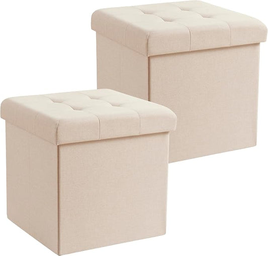 Ornavo Home 2 Pack 15 Inch Folding Storage Ottoman, Square Cube Linen Small Storage Ottoman Foot Rest Stool - Beige