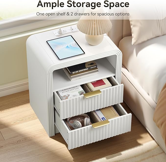 Decofy Fluted Nightstand with Charging Station, 19.7'' Wide Morden End Table with USB/Type-C Ports, 2 Drawers & Open Shelf, Curved Profile Design, Wood Bedside Table for Bedroom (White)