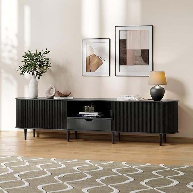 DHH 86.6" Fluted TV Stand with Power Outlet for TVs up to 90", TV Console with Adjustable Shelves and Sliding Door,Mid Century Modern Entertainment Center for Living Room,Bedroom (Black, 86.6Inch)