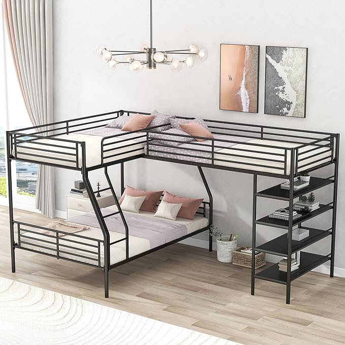 Bellemave Triple Bunk Beds, L-Shape Twin Over Full Bunk Bed Attached a Loft Bed with Desk, Triple Bunk Beds with Slide, Metal Corner Bunk Bed Frame for Three Kids Boys Girls Teens, Antique Black