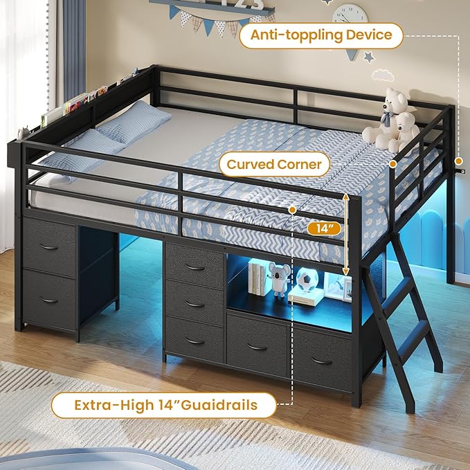 ADORNEVE Low Loft Bed Full Size with 7 Storage Drawers, Bookcase and LED Lights, Metal Kids Loft Bed with 14" H Safety Guardrail,Inclined Ladder and Play Curtain, Under-Bed Play Space, Black