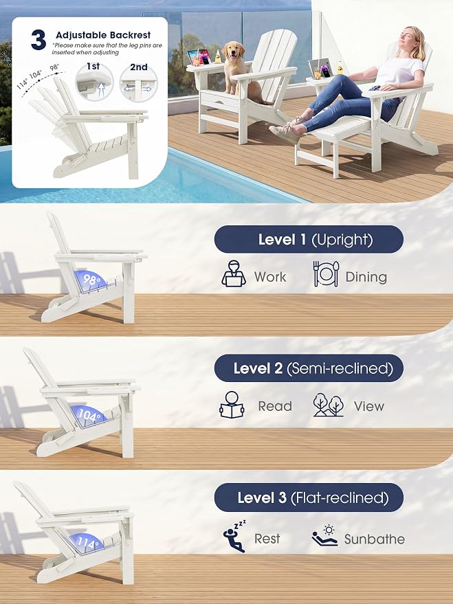 KINGYES Adjustable Folding Adirondack Chair with Footrest & 4-in-1 Multi-Functional Armrest Organizer Set of 4, HDPE Foldable Recliner Adirondack Chair with Pull-Out Ottoman, White