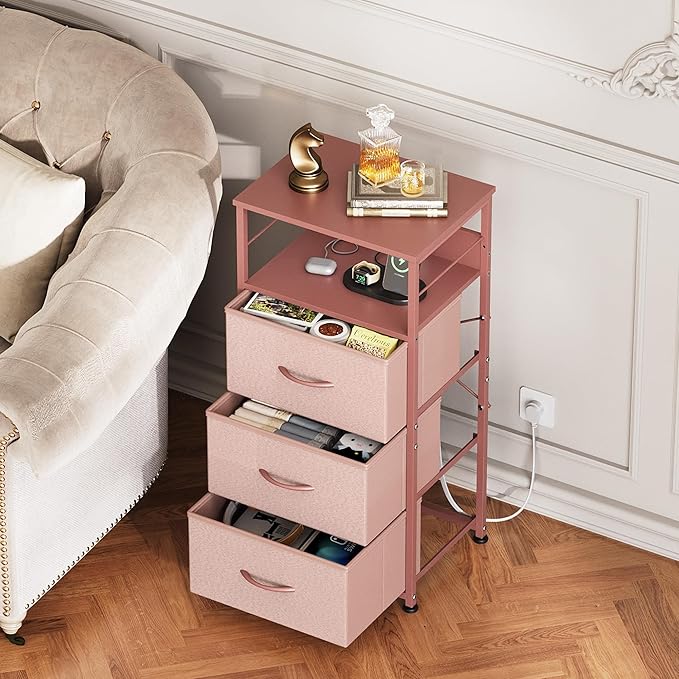 WLIVE Nightstand with Charging Station, 31.9" H Nightstand with 3 Fabric Drawers, LED Bedside Table with USB Ports and Outlets, End Table for Dorm, Bedroom, Entryway, Pink