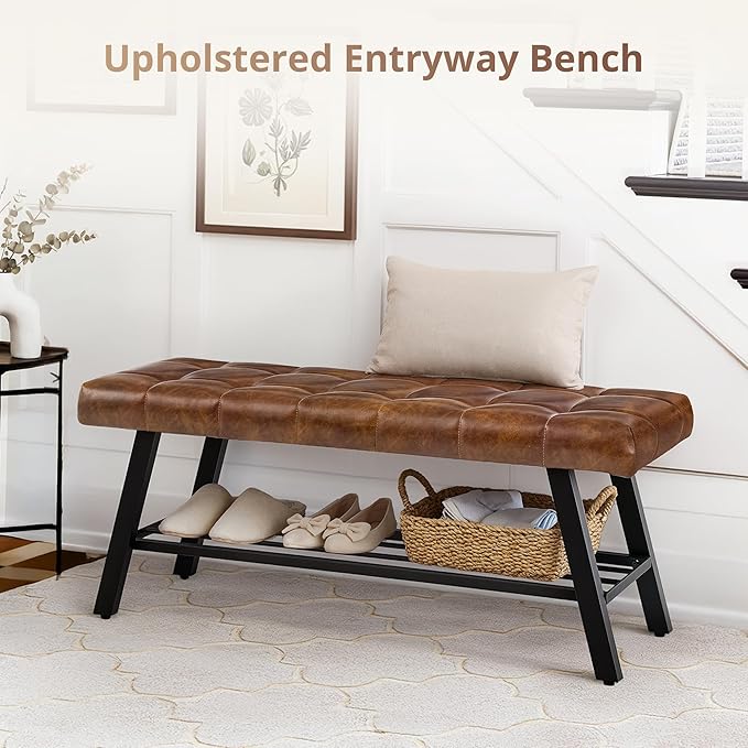 LUE BONA 45" Entryway Bench with Shoe Storage, End of Bed Bench with Tufted Faux Leather Seat, Bedroom Bench with Metal Frame, 330 LBS Capacity for Entryway, Living Room, Hallway, Brown