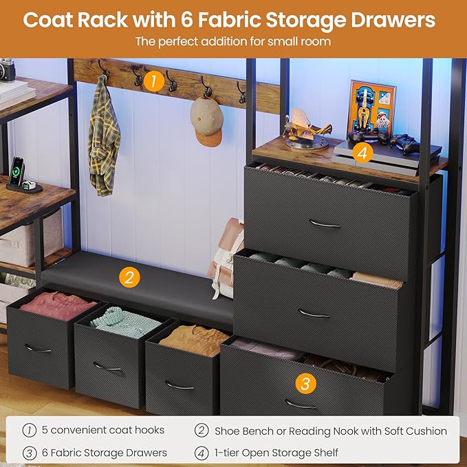 DICTAC Loft Bed Twin Size with 6 Storage Drawers,Coat Rack and Open Shelves Metal Twin Loft Bed with Desk,Charging Station and LED Light,loft beds with Large Pegboard,Stairs and Safety Guardrail,Black