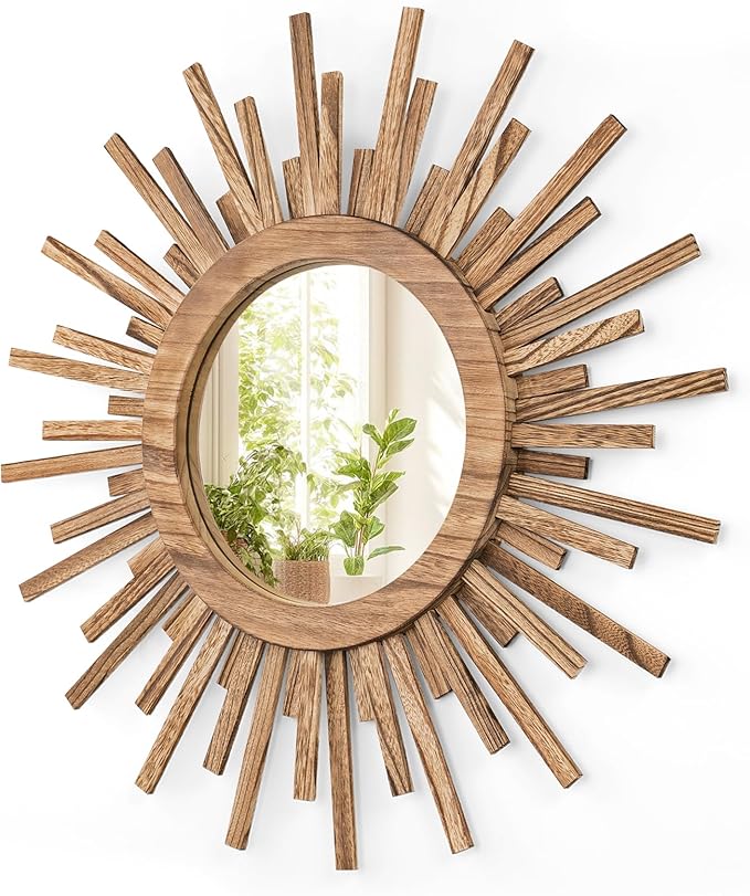24 Inch Boho Sunburst Mirror, Round Wooden Wall Decor Starburst Sun Mirror for Bedroom, Living Room, Bathroom, Hallway, Balcony, Farmhouse Entryway, Housewarming Gift