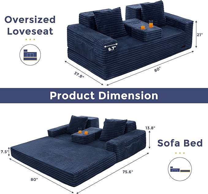 MAXYOYO Loveseat Sofa Bed, Striped Faux Fur Foldable Floor Sofa Couch in A Box, 4 in 1 Convertible Boneless Couch with 2 Cup Holders, Folding Recliner Sleeper Chair, No Assembly Required, Navy