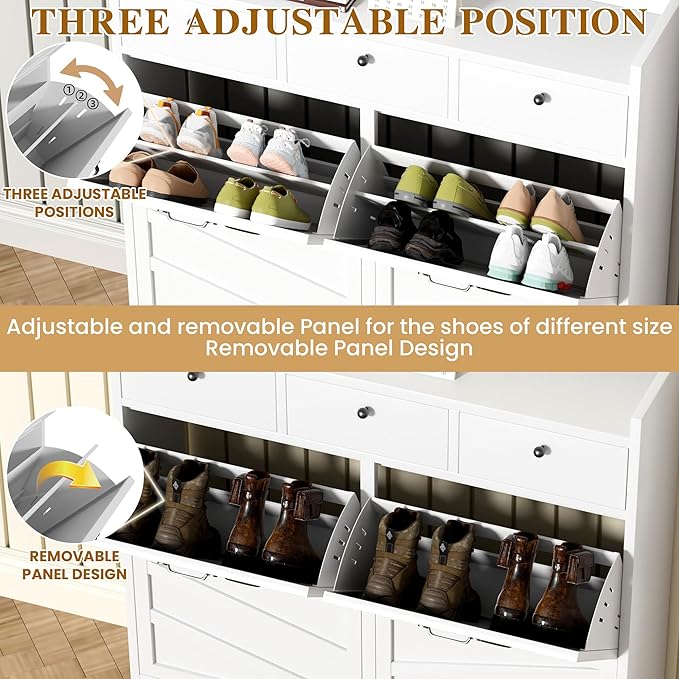 Metal Shoe Storage Cabinet for Entryway,White Shoe Cabinet with 4 Flip Drawers & 3 Top Drawers Hidden Slim Shoe Organizer Rack Freestanding Steel Entrance Shoe Cabinet with Legs for Hallway Front Door