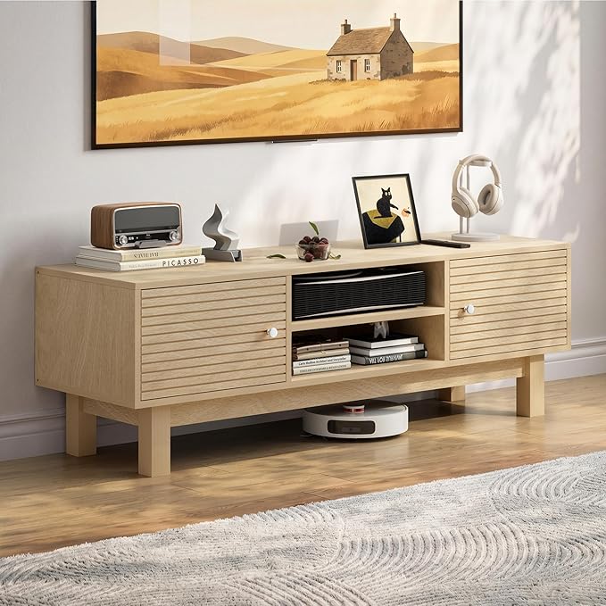 YOSHOOT Mid Century TV Stand for 55 inch TVs, Modern Entertainment Center with Storage Cabinets, Solid Wood Media Console with Open Shelves for Living Room & Bedroom, Natural