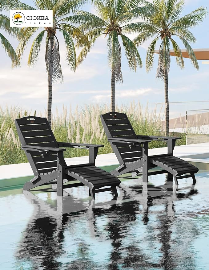 Ciokea Folding Adirondack Chair Set of 4 with Retractable Ottoman Fire Pit Patio Chair with Pull Out Foot Rest Weather Resistant Lawn Outdoor Chair with 2 Cup Holder (Black)
