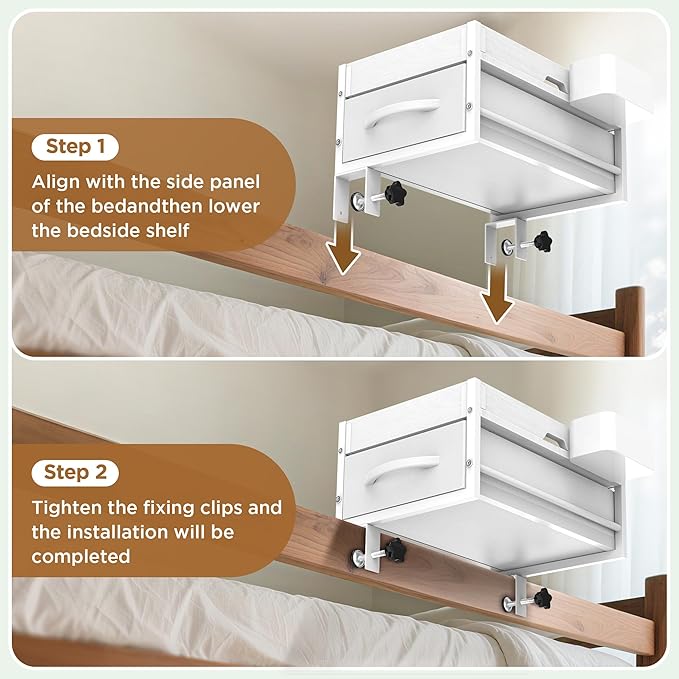 2 Tier Bedside Shelf for Dorm Bunk Bed, Under Mattress Bedside Shelf Clip On Nightstand with Fabric Drawer, Bed Side Table Tray Organizer, Bedside Tray with Cable Management, Back to School (white)