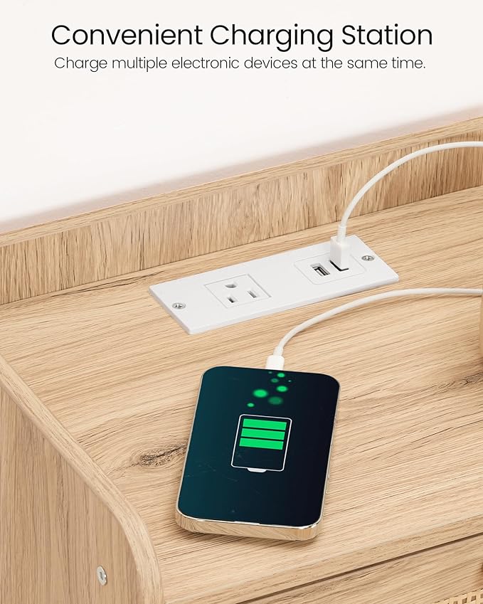 CHOEZON Rattan Nightstands Set of 2 with Charging Station, Boho Nightstand, Rattan Bedside Tables with Drawer, Storage Side Table with 2 USB Ports, Bedroom, Natural MBZ01UP2WO