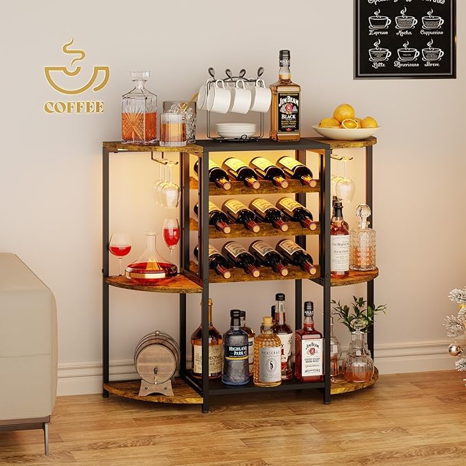 JKsmart Small Wine Bar Cart with LED Lights, Mini Wine Rack with Storage and Glass Holder, Home Bar Cart for Liquor, 3-Tier Bar Table for Kitchen, Dining Room, Living Room, Rustic Brown