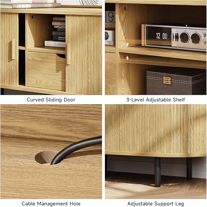 ONBRILL 69" TV Stand with Power Outlet for TVs up to 80", Entertainment Center with Storage and Drawer, TV Console with Adjustable Shelves and Sliding Door, TV Stand for Living Room, Bedroom, Oak